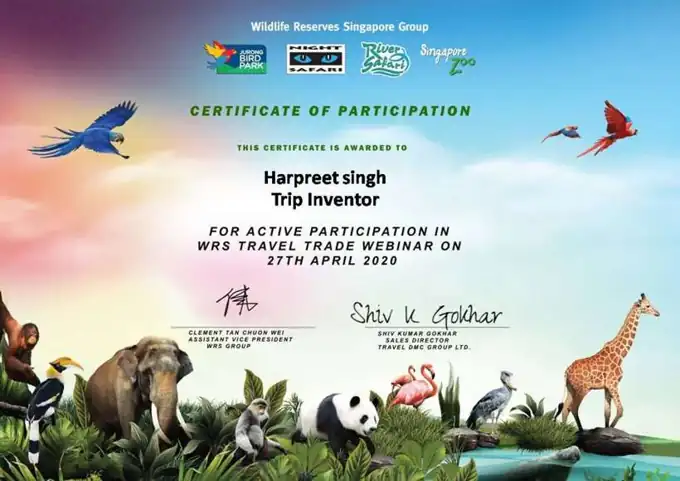 Certificate of Participation – Travel Trade – Wildlife Reserves Singapore Group